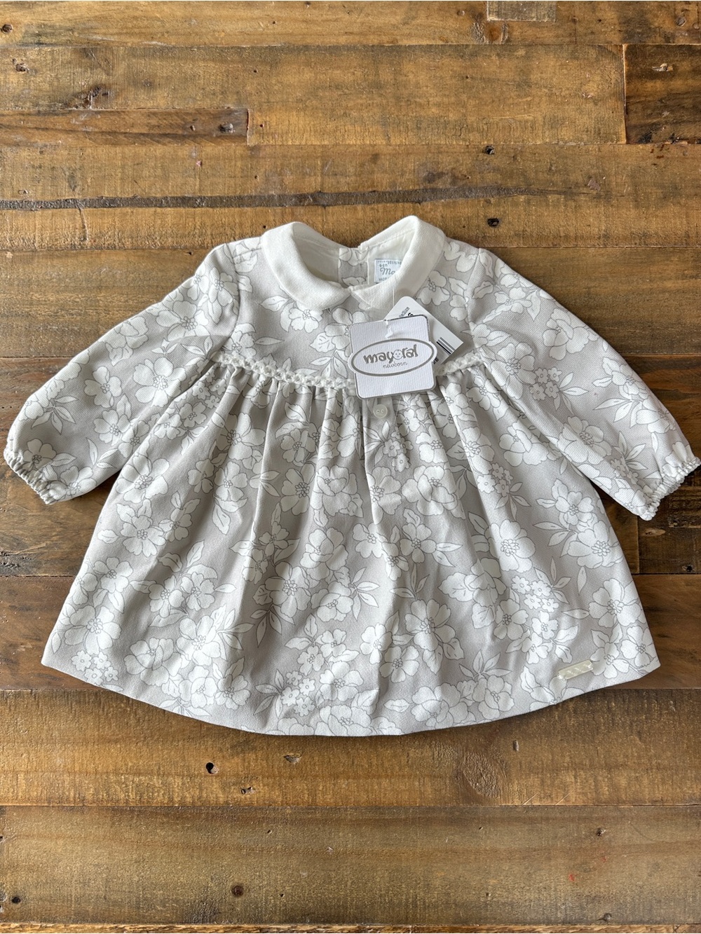 Mayoral Grey Floral Dress with White Peter Pan Collar NWT